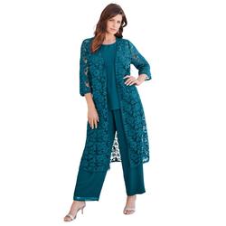 Plus Size Women's Three-Piece Lace Duster & Pant Suit by Roaman's in Deep Teal (Size 22 W) Duster, Tank, Formal Evening Wide Leg Trousers