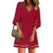 Tuscom Fashion Womens 3/4 Bell Sleeve V Neck Lace Patchwork Blouse Casual Loose Shirt Mesh Dress