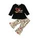 2PCS Baby Girls Valentine's Day Outfits Long Sleeve Love Ruffle Tshirt Top and Flare Pant Set