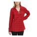 CALVIN KLEIN Womens Red Pocketed Windowpane Plaid Long Sleeve V Neck Tunic Top Size M
