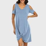 Lixada Women Dress V Neck Cold Shoulder Front Knot Soft Elastic Casual Loose A Line T-shirt Dress