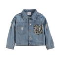 Multitrust Girls Denim Leopard Glitter Coat Long Sleeve Lapel Button Open Front Jacket with Pockets