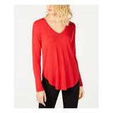 INC Womens Red Pleated Heather Long Sleeve V Neck T-Shirt Top Size XS