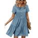 Sexy Dance Short Sleeve Casual Dress for Trendy Lady Button Crew Neck Flare Tiered Dress Womens Business Leisure Pleated Dresses Blue XL(US 16-18)