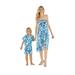 Matching Mother Son Hawaiian Luau Outfit Dress Shirt in Simply Blue Leaves