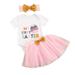 Gueuusu Girl Letter Print Short Sleeve Round Neck Romper+Bowknot Skirt+Headband