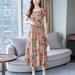 Floral Printed Summer Dress Women New Fashion High Waist O Neck Short Sleeve Dresses De Fiesta De Party Vestidos,Leather Pink, XL