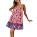 Sexy Dance Summer Strappy Cami Dress for Trendy Lady Beach Sleeveless Floral Sexy Sling Dress Womens V-Neck Backless Printed Sundress Purple XL(US 12-14)
