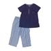 Womens Lightweight Blue Stripes Knit Pajamas Short Sleeve Sleep Set Small