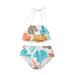 Mommy&Girl 2 Pieces Maple Leaves Print Bathing Suit Family Matching Halter Neck Ruffles Crop Top+High Waist Bottoms