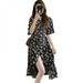 Sonbest Floral Mid-length Women's Summer Waist Waist Was Thin Irregular Short-sleeved Dress Black L