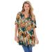Plus Size Women's Short-Sleeve Angelina Tunic by Roaman's in Orange Painted Flowers (Size 14 W) Long Button Front Shirt