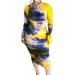 Jocestyle Women Tie Dye Print Slim Dress Long Sleeve Midi Dresses (Yellow 3XL)
