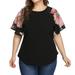 Bseka Fashion Plus Size Women'S Round Neck Solid Color Casual Floral Short-Sleeved Shirt T-Shirt Top