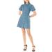 Allegra K Women's Denim Dress Puff Short Sleeve Button Shirt Dresses