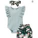 Baby Girls Summer Cotton Clothes Ruffles Sleeves Bodysuits+Floral Shorts+Headband Ribbed Knitted Casual Outfits