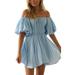 Niuer Women Short Ruffle Sleeve Dress Off Shoulder Pure Pleated Elastic Waist Loose Mini Dress Evening Party Club Mini Dress