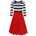 Women Casual Scoop Neck 3/4 Sleeve A-Line Swing Dress Striped Tunic Midi Dress