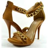 Women Sexy Ankle Strap Sandals Heels Dual Golden Chain Detail Dress Shoes Tan