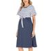 Women Maternity Pregnant Dress,Short Sleeve Striped Top Tie Front Shirt Solid Skirt,Summer Knee Length Pregnancy Gown for Baby Shower Casual Pajamas Dress Casual Soft Sleepwear Daily Wear,Blue S-2XL