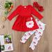 Baby Girls Cotton Long Sleeve Christmas Santa Claus Print T-shirt Dress Trousers With Headband Toddler Casual Outerwear Clothes Set