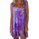 Sexy Dance Women Summer Casual Tunic Tank Top Dress Casual Loose Beach Wear Tie Dye Printed Stylish Party Dresses Purple XXXL(US 18-20)