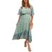 Avamo Women Summer Dresses Bohemian Wrap V Neck Short Sleeve Ethnic Style High Split Beach Maxi Dress Green L(US 8-10)