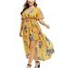 TOYFUNNY Fashion Women Short Sleeve Floral Printed Bell Sleeve High Low Maxi Dress