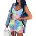 Jocestyle Women V Neck Tie Dye Sleeveless Drawstring Gradient Dress (Pink Green L)