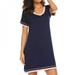 Women Sexy Dress Cotton Solid Color Round Neck Short Sleeve Nightdress Solid Color Clothes Blue S