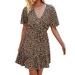 Women Leopard Printed V Neck Short Sleeves Ruffle Hem Dress