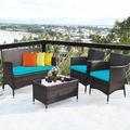 Winston Porter Bryen 4 Pcs Rattan Outdoor Patio Conversation Furniture Set w/ Glass Table & Comfortable Wicker Sectional Sofa Metal in Blue | Wayfair