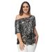 Women's Plus Size Sequin Sexy One Shoulder Short Sleeve Holiday Top, Black and Silver, Large