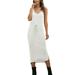 Avamo Women Dress Summer Sleeveless V Neck Midi Dress Ladies Solid Color Baackless Side Split Dress Drawstring Waist Sundress