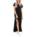 JustVH Women's Round Neck Solid Casual Maxi Dress Stitching Ruffle Long Dress