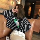 ZDMATHE Women's Lovely CasualBlack White Striped T-shirt 's Loose Long Aleeve Plus Size Korean Style Ladies Harajuku Trendy Clothes
