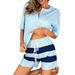 2pcs Stripe Pajamas Set for Women Summer Casual Short Sleeve Tops and Shorts Sport Workout Yoga Activewear