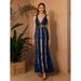 ANGEL FASHIONS Women Plunging Neck Sequin Stripe Blue Prom Dress