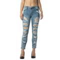 Almost Famous Skinny super stretch vintage mid rise denim 5 pocket jean with destruction and roll cuff Size: 7, Color: RIVER BLUE DENIM