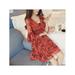 Women's Fashion 3/4 Sleeve Floral Chiffon Summer Beach Party Cocktail Short Mini Dress