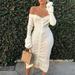 Women Sexy Off Shoulder Solid Drawstring Bandage Irregular Long Sleeve Dress