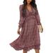 UKAP Women Sexy V Neck Long Sleeve Sundress Floral Printed Empire Waist Swing Dresses Size S-XL Wine Red XL