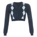 Lizxun Women Casual Knitted , Dark Blue Plaid Print Long Sleeve V-neck Cardigan