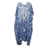 Mogul Women Kaftan Maxi Dress, Blue White Printed Summer Fashion Dress, Georgette Embroidered Resort Wear Dresses ONESIZE L/4X