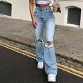 Egmy Women Button High Waist Pocket Elastic Hole Jeans Trousers Loose Denim Pants