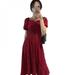 Left wind Women'S Retro French Square Neck Short Sleeve Waist Length Dress Casual Knit Dress with Puffed Sleeves And High Waist Red M