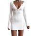 Pretty Comy Ladies Autumn Dress Casual Solid Color Low-Cut V-neck Tight Long Sleeve Dress White L