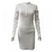 Bodycon V-Neck Zipper Dresses for Women Sexy Dresses Outfit Zipper Long Sleeve Slim Fit Mini Dress, White-XL