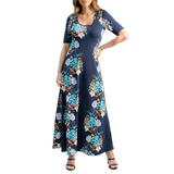 24seven Comfort Apparel Navy Floral Elbow Sleeve Maxi Dress