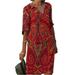 Women Half Sleeve V Neck Print Retro Midi Dress Ladies Casual Loose Sundress